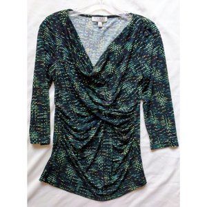 Chaus NY Digital Print Green Drape/Cowl Neck Top S